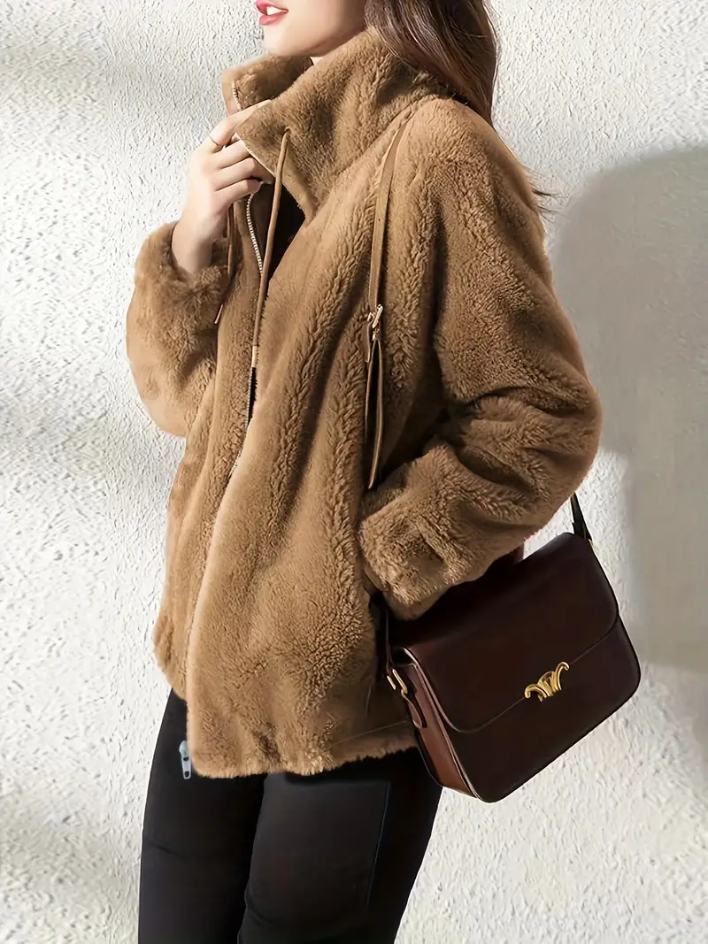 Drawstring Coat Zip Up Long Sleeve Warm Outerwear - Image 3