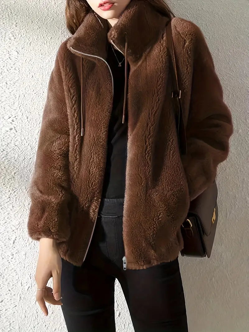 Drawstring Coat Zip Up Long Sleeve Warm Outerwear - Image 4