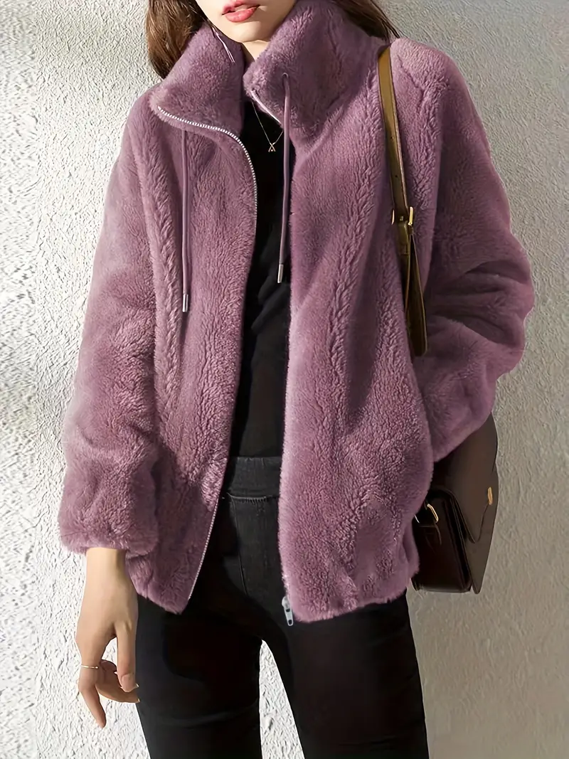 Drawstring Coat Zip Up Long Sleeve Warm Outerwear - Image 5