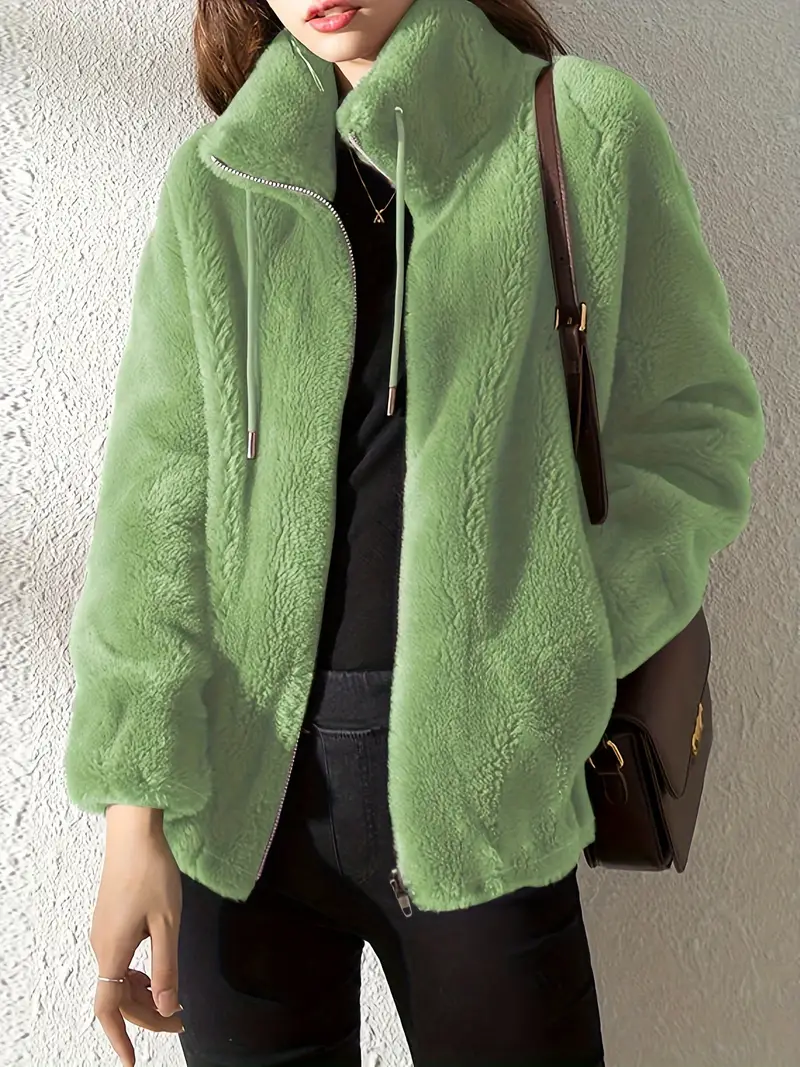 Drawstring Coat Zip Up Long Sleeve Warm Outerwear - Image 6
