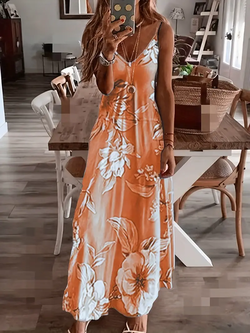 Floral Print Casual Crew Neck Ankle Cami Spaghetti Dress - Image 11