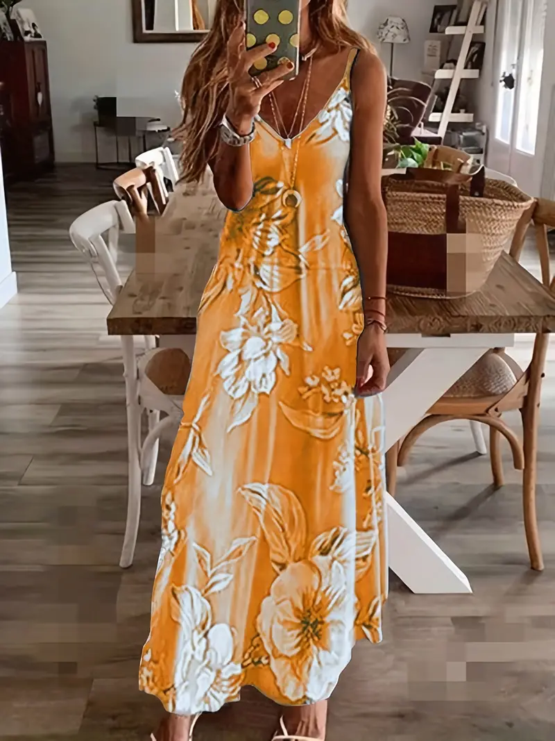 Floral Print Casual Crew Neck Ankle Cami Spaghetti Dress - Image 12