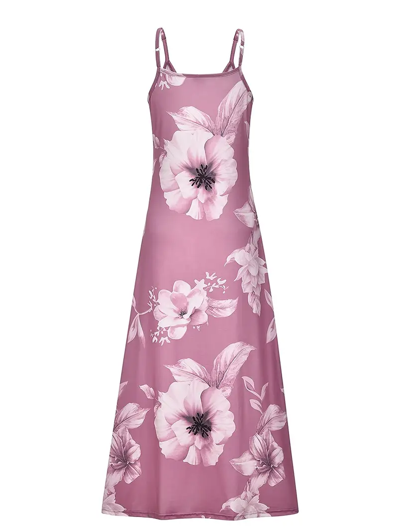 Floral Print Casual Crew Neck Ankle Cami Spaghetti Dress - Image 2