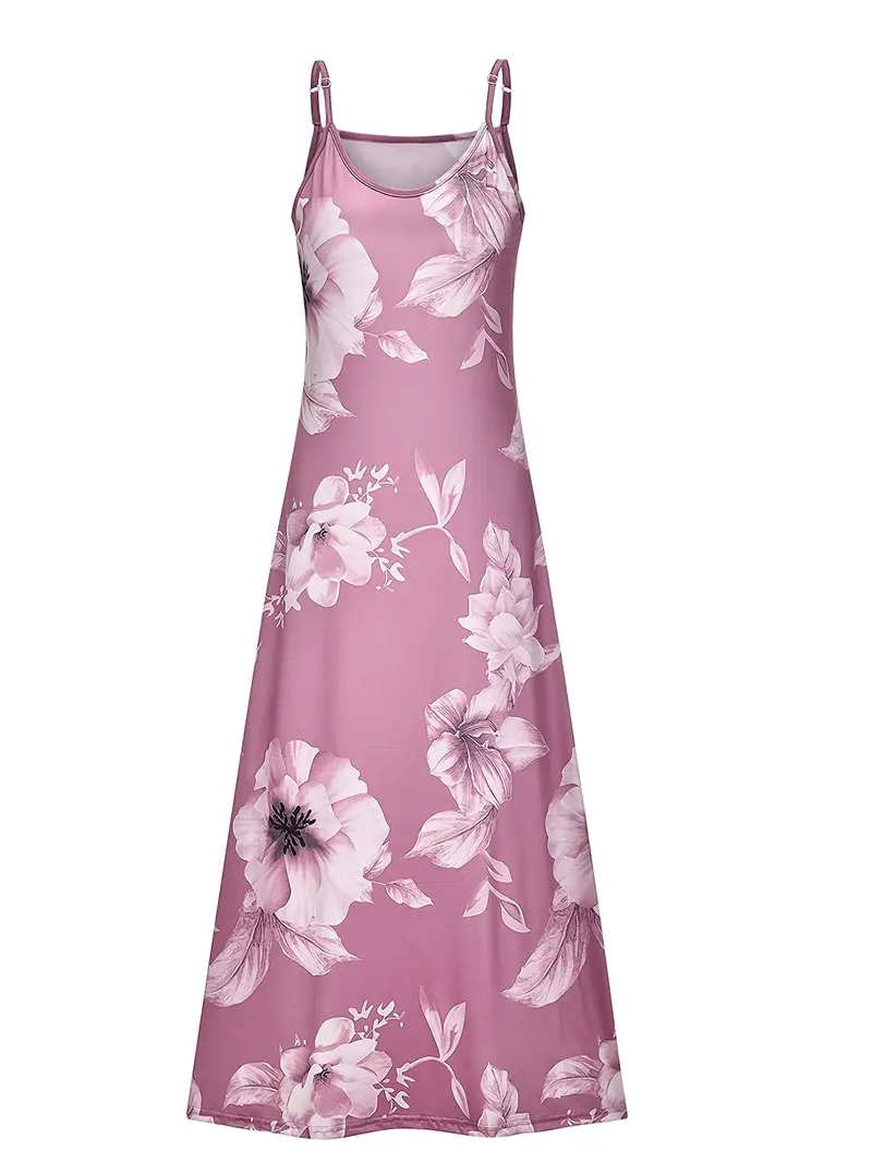 Floral Print Casual Crew Neck Ankle Cami Spaghetti Dress - Image 3