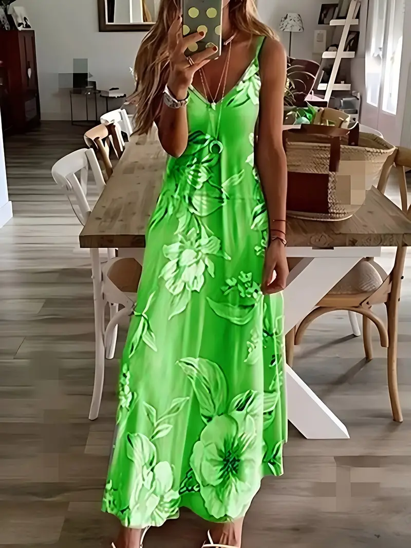 Floral Print Casual Crew Neck Ankle Cami Spaghetti Dress - Image 6