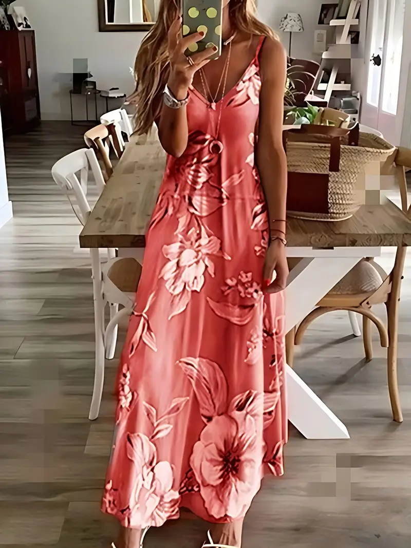 Floral Print Casual Crew Neck Ankle Cami Spaghetti Dress - Image 7