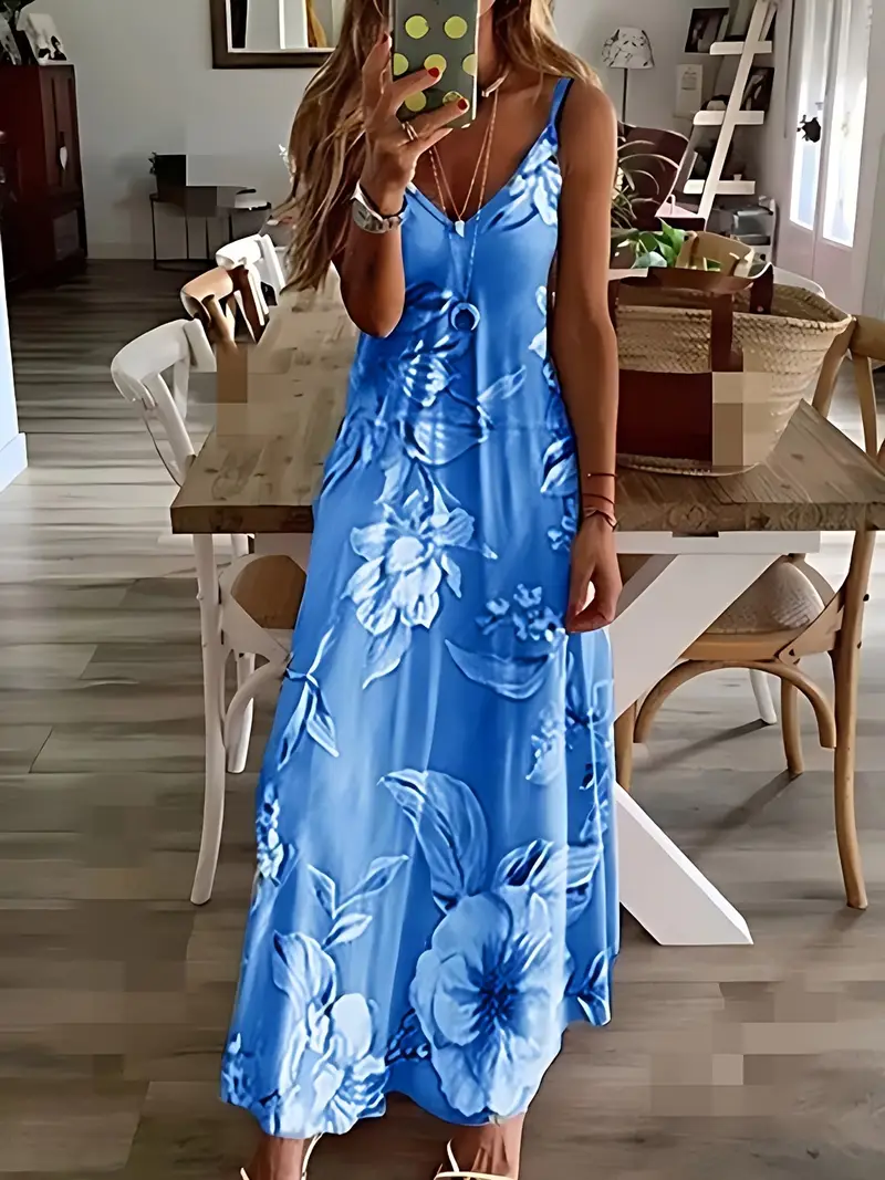 Floral Print Casual Crew Neck Ankle Cami Spaghetti Dress - Image 8