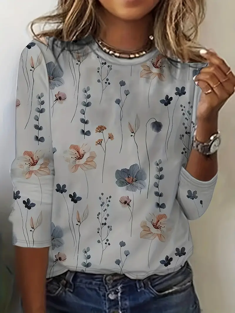 Floral Print Crew Neck Long Sleeve T-Shirt - Image 10