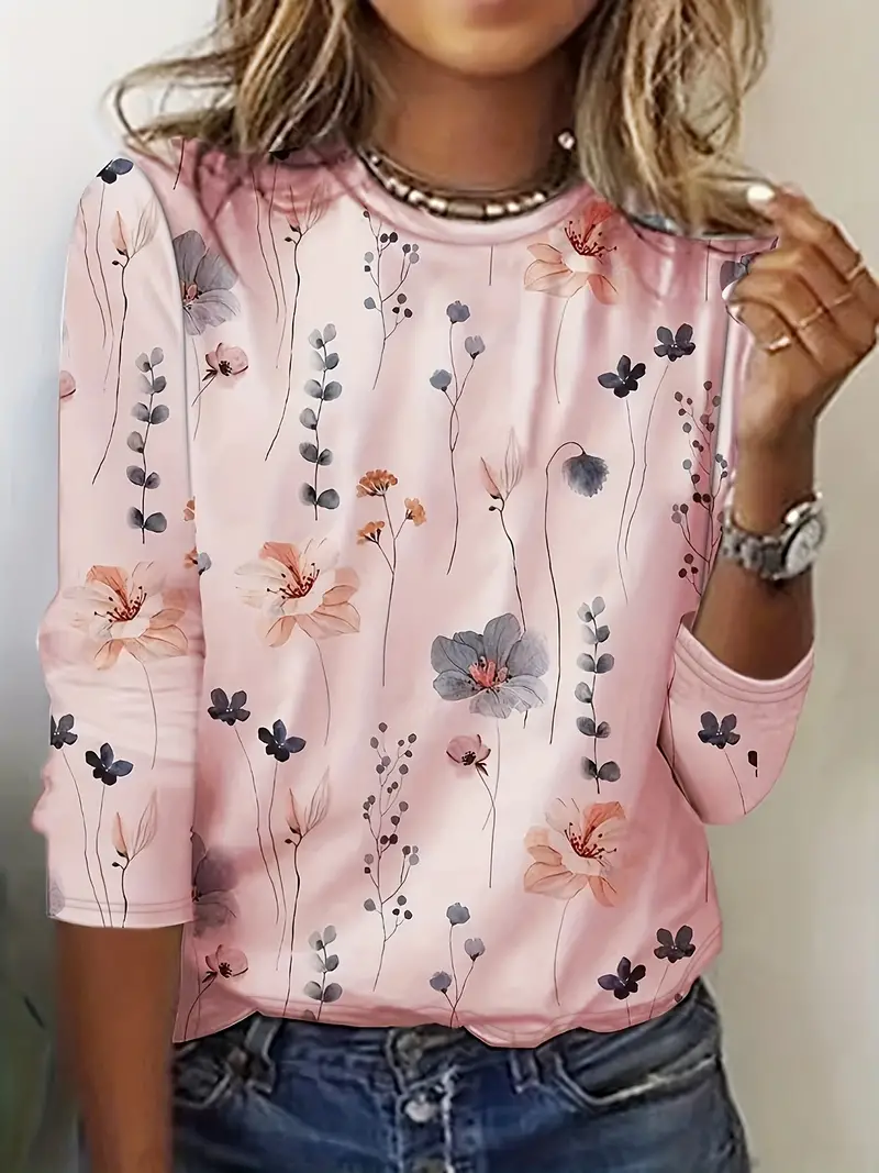 Floral Print Crew Neck Long Sleeve T-Shirt - Image 6
