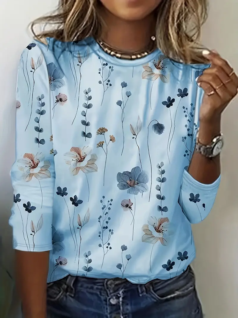 Floral Print Crew Neck Long Sleeve T-Shirt - Image 8