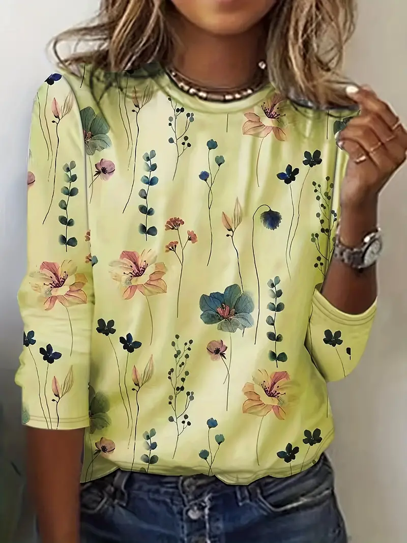 Floral Print Crew Neck Long Sleeve T-Shirt - Image 9