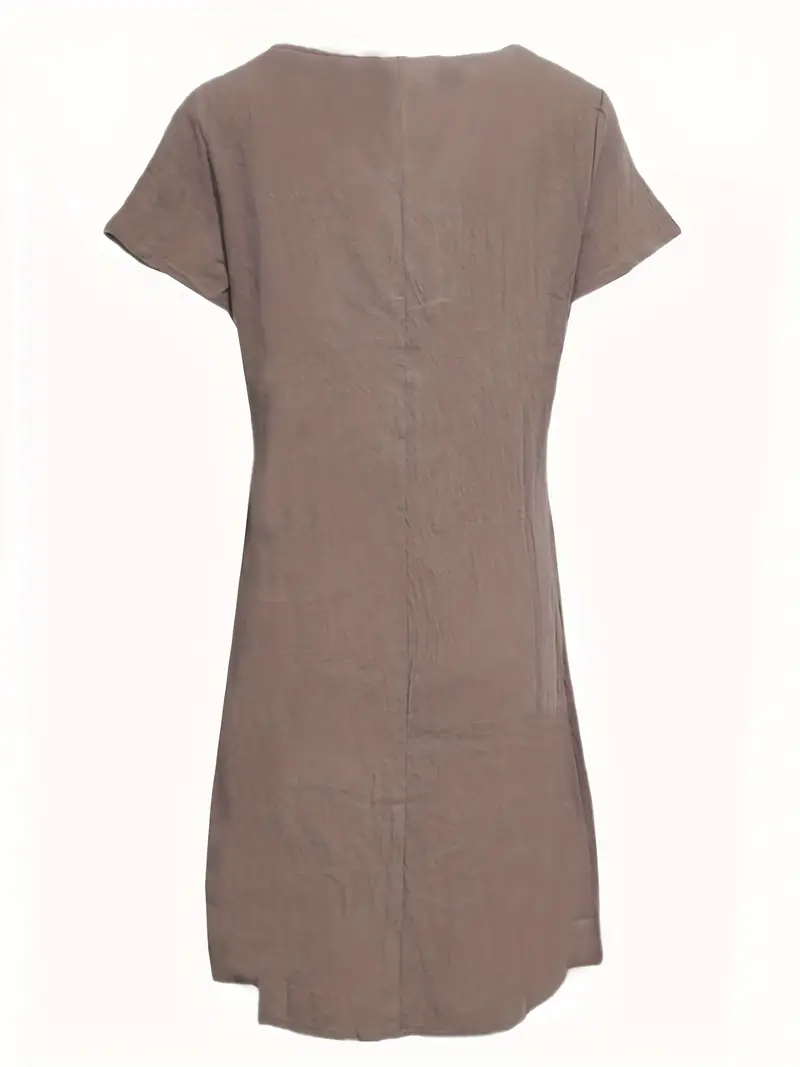 Loose Solid Short Sleeve Knee-Length Round Neck Pocket Dress - Image 2
