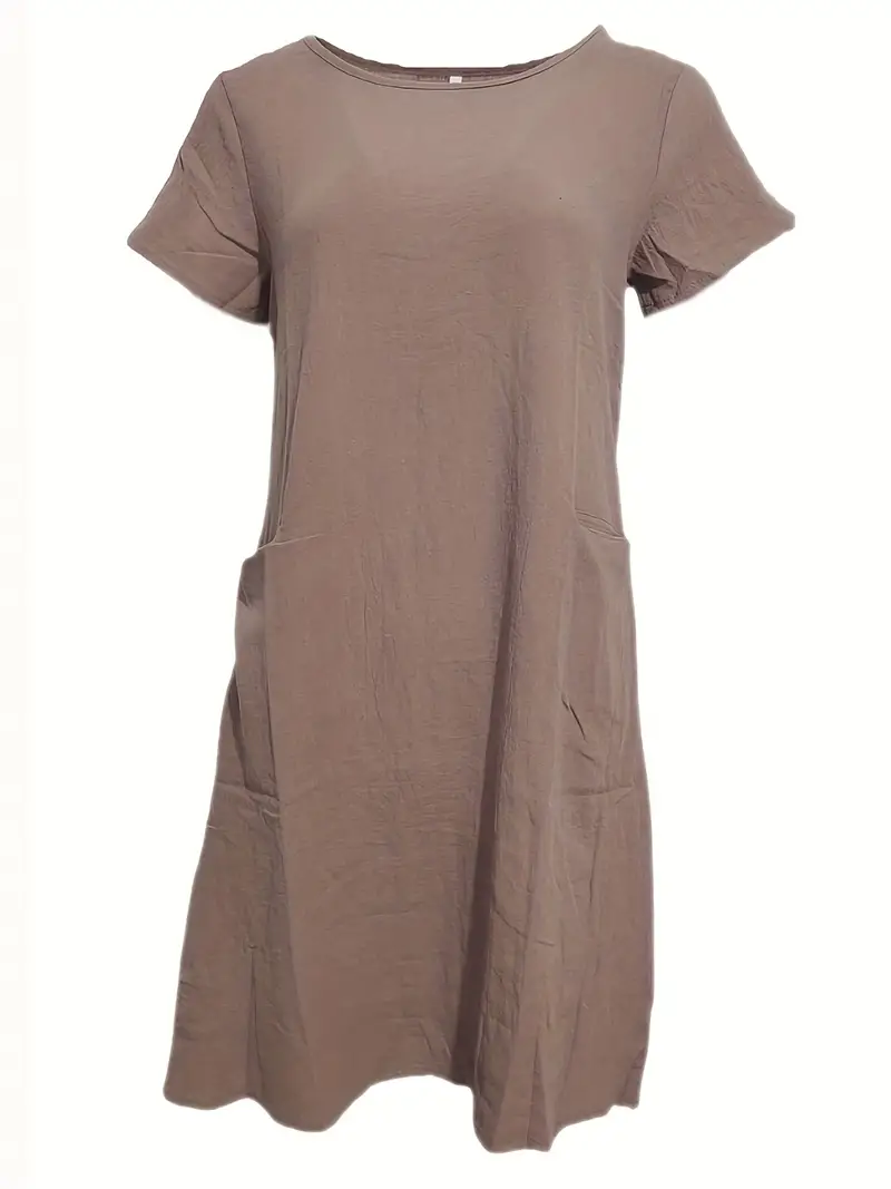 Loose Solid Short Sleeve Knee-Length Round Neck Pocket Dress - Image 3