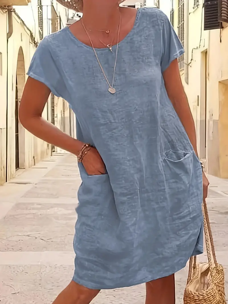 Loose Solid Short Sleeve Knee-Length Round Neck Pocket Dress - Image 6