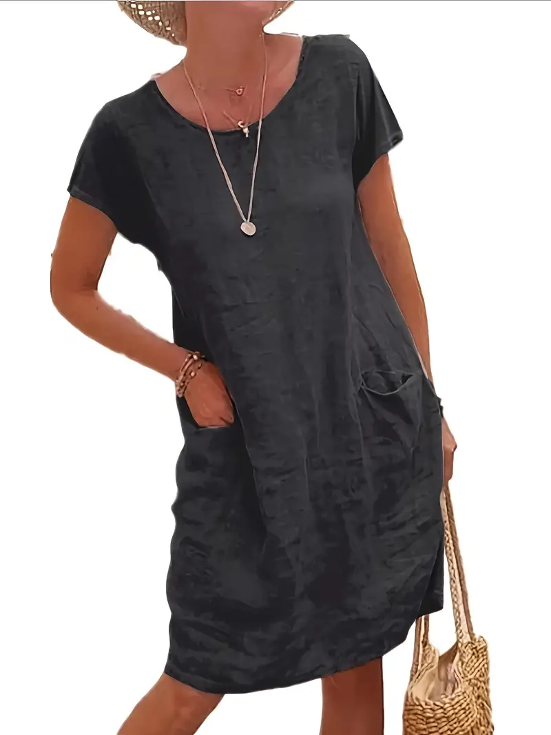 Loose Solid Short Sleeve Knee-Length Round Neck Pocket Dress - Image 7