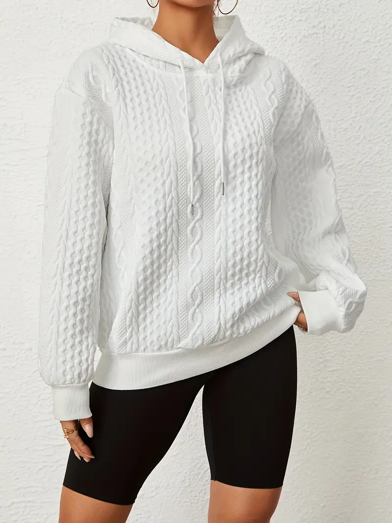 Solid Textured Drawstring Hoodies Long Sleeve Versatile Sweatshirt - Image 3