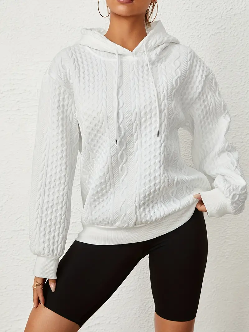 Solid Textured Drawstring Hoodies Long Sleeve Versatile Sweatshirt - Image 4
