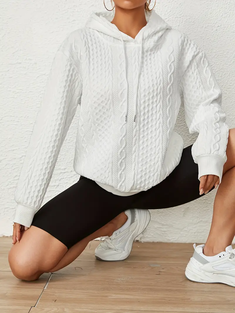 Solid Textured Drawstring Hoodies Long Sleeve Versatile Sweatshirt - Image 5