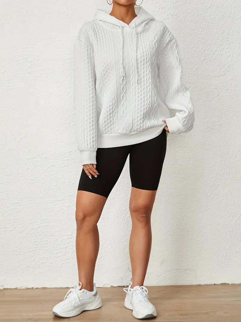 Solid Textured Drawstring Hoodies Long Sleeve Versatile Sweatshirt - Image 6
