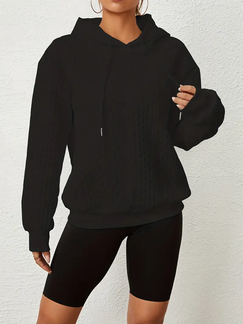 Solid Textured Drawstring Hoodies Long Sleeve Versatile Sweatshirt - Image 7