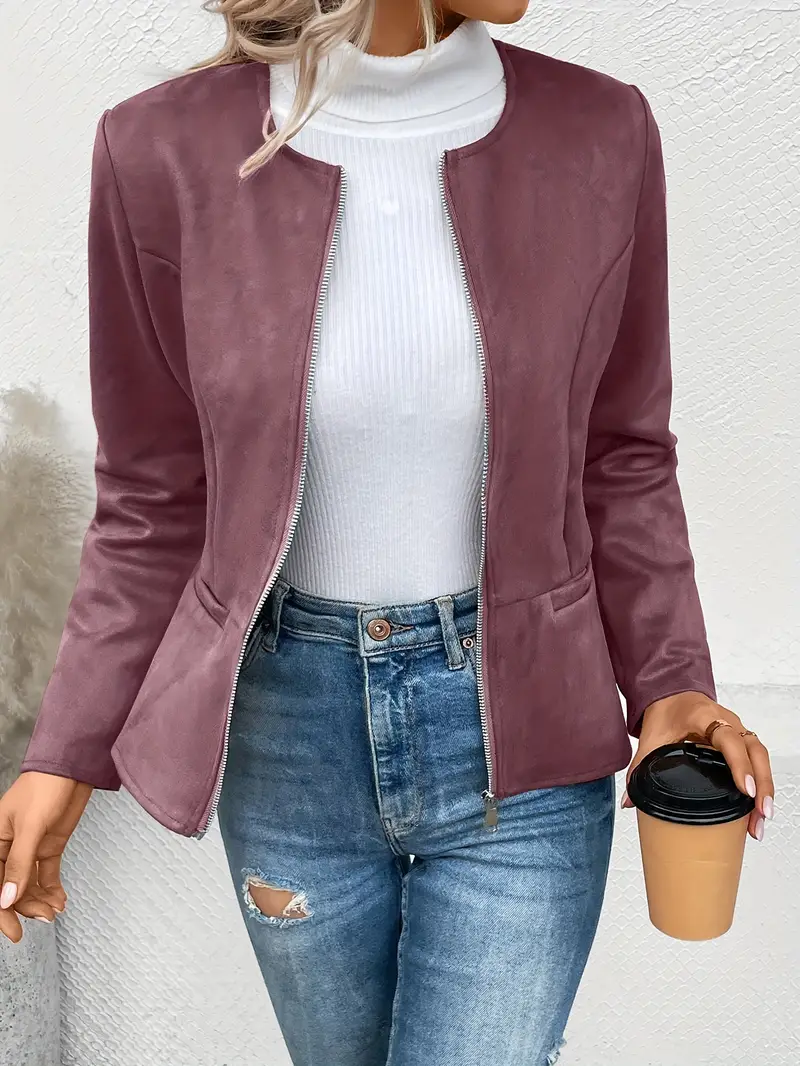 Solid Zip Up Jacket Long Sleeve Crew Neck Outerwear - Image 10