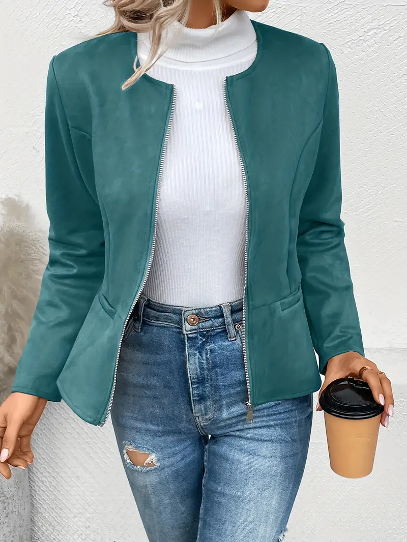 Solid Zip Up Jacket Long Sleeve Crew Neck Outerwear - Image 11