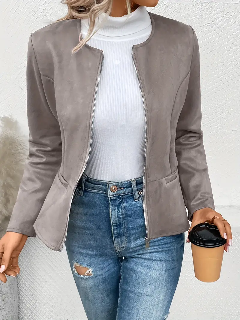 Solid Zip Up Jacket Long Sleeve Crew Neck Outerwear - Image 12