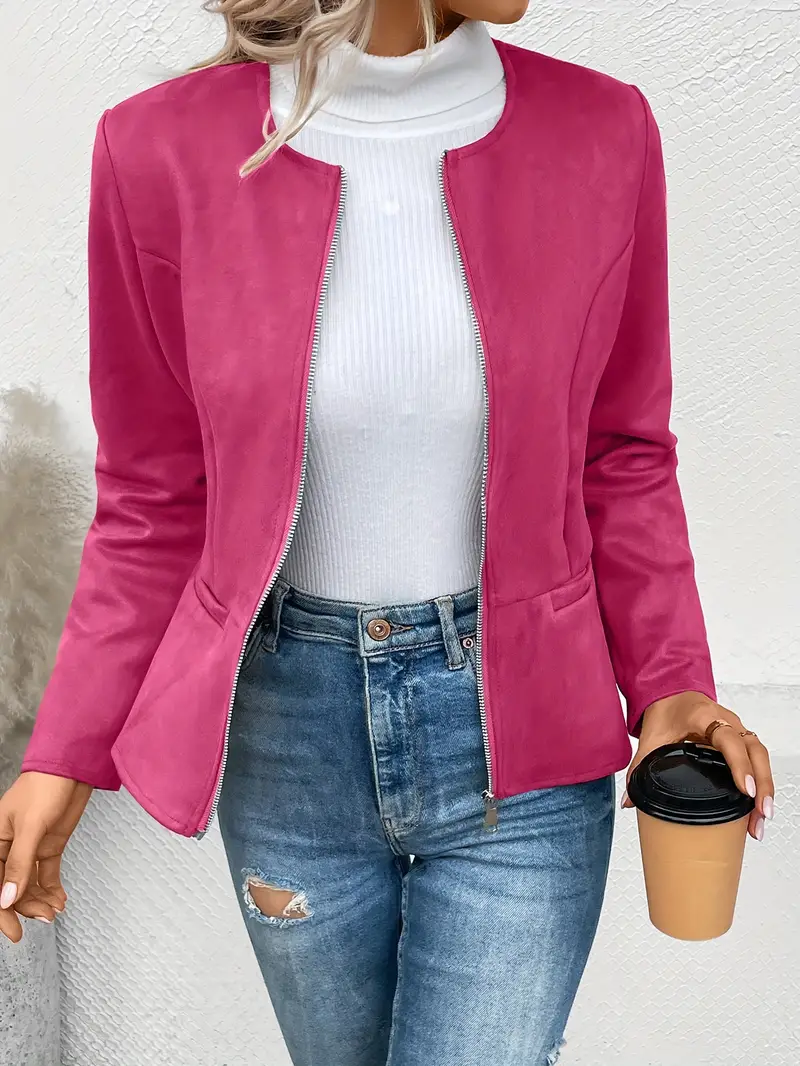 Solid Zip Up Jacket Long Sleeve Crew Neck Outerwear - Image 13