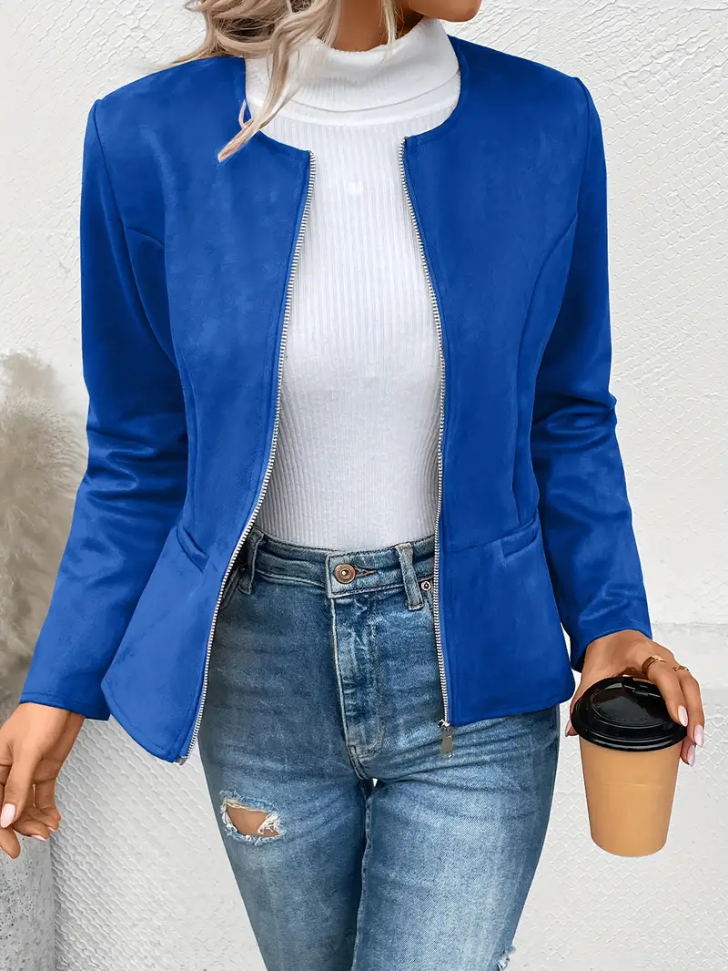 Solid Zip Up Jacket Long Sleeve Crew Neck Outerwear - Image 14
