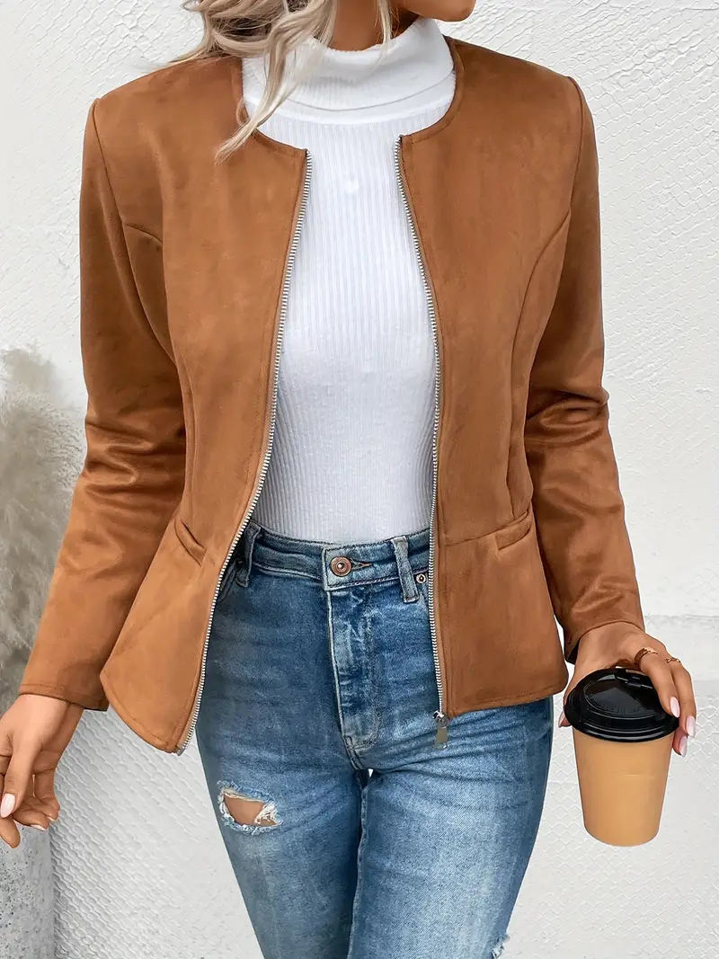 Solid Zip Up Jacket Long Sleeve Crew Neck Outerwear - Image 15