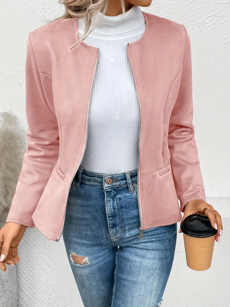 Solid Zip Up Jacket Long Sleeve Crew Neck Outerwear - Image 17