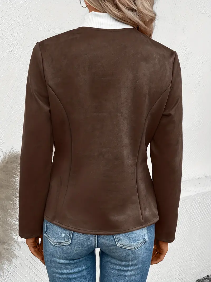 Solid Zip Up Jacket Long Sleeve Crew Neck Outerwear - Image 2