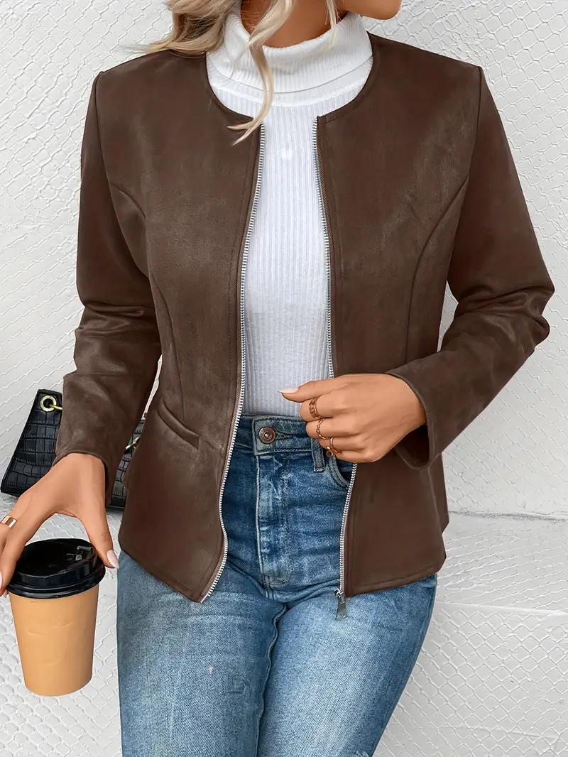 Solid Zip Up Jacket Long Sleeve Crew Neck Outerwear - Image 3