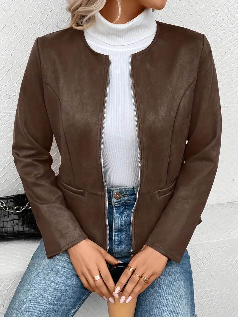 Solid Zip Up Jacket Long Sleeve Crew Neck Outerwear - Image 4