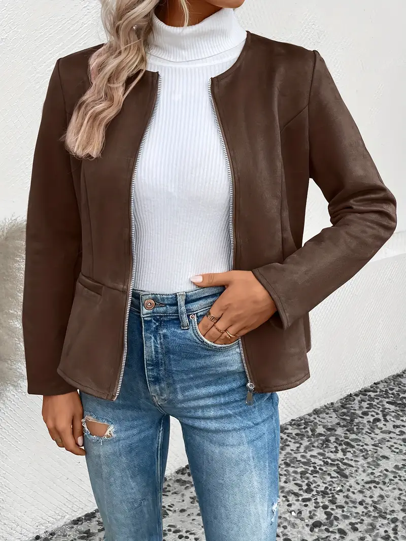 Solid Zip Up Jacket Long Sleeve Crew Neck Outerwear - Image 5