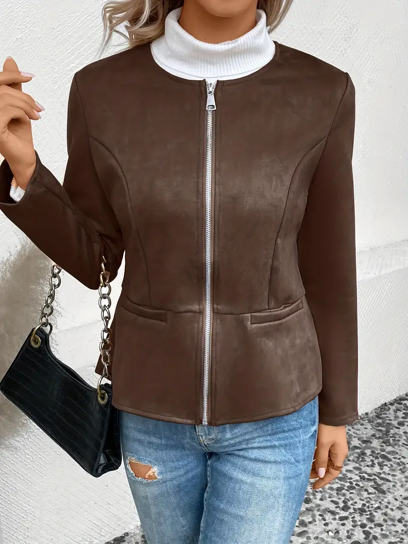 Solid Zip Up Jacket Long Sleeve Crew Neck Outerwear - Image 6