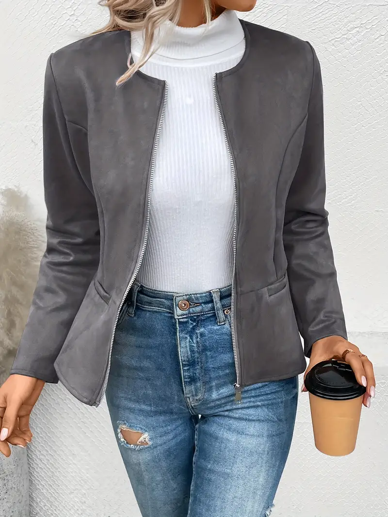 Solid Zip Up Jacket Long Sleeve Crew Neck Outerwear - Image 7