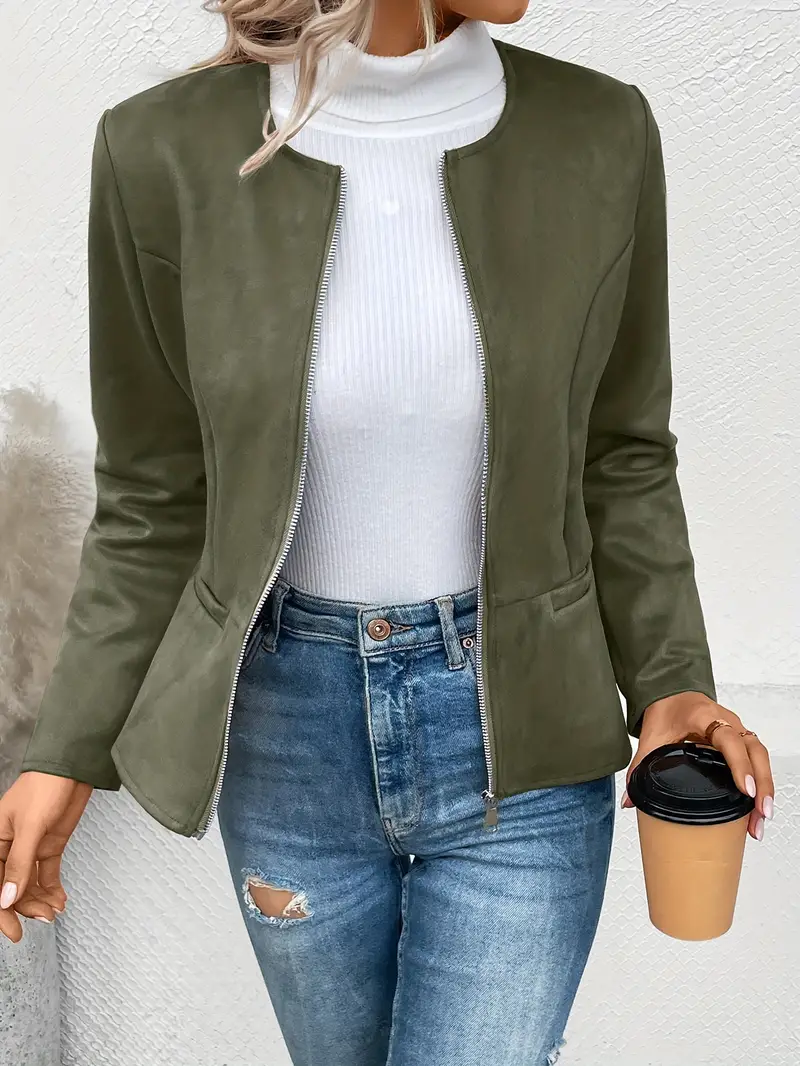 Solid Zip Up Jacket Long Sleeve Crew Neck Outerwear - Image 9