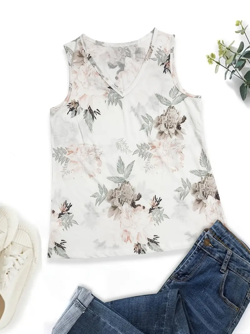 V Neck Print Sleeveless Loose Summer Tank Top - Image 2