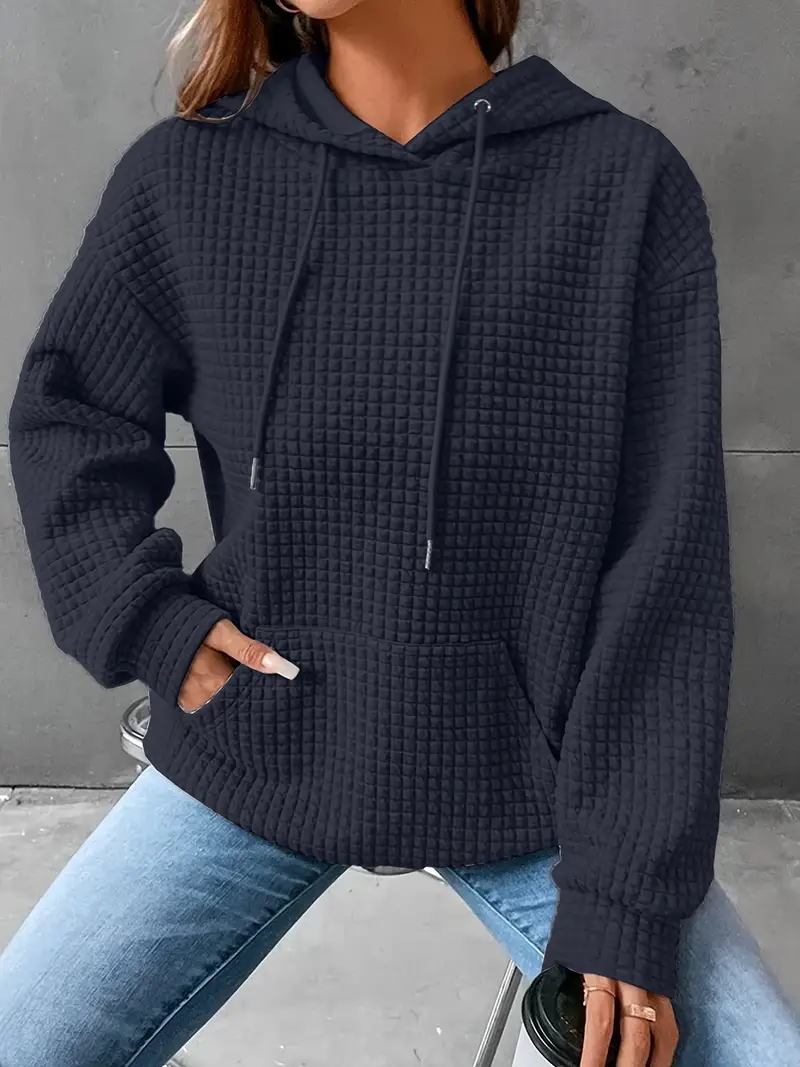 Waffle Grid Kangaroo Pocket Drawstring Hoodies Sweatshirt - Image 10