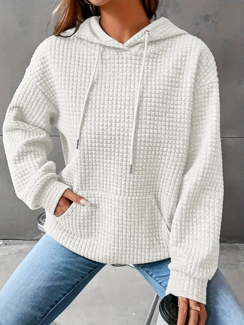 Waffle Grid Kangaroo Pocket Drawstring Hoodies Sweatshirt - Image 11