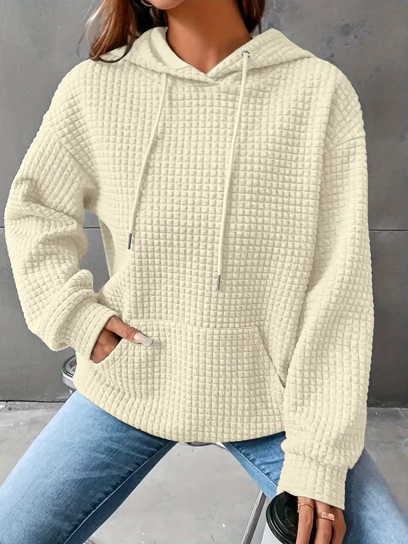 Waffle Grid Kangaroo Pocket Drawstring Hoodies Sweatshirt - Image 12