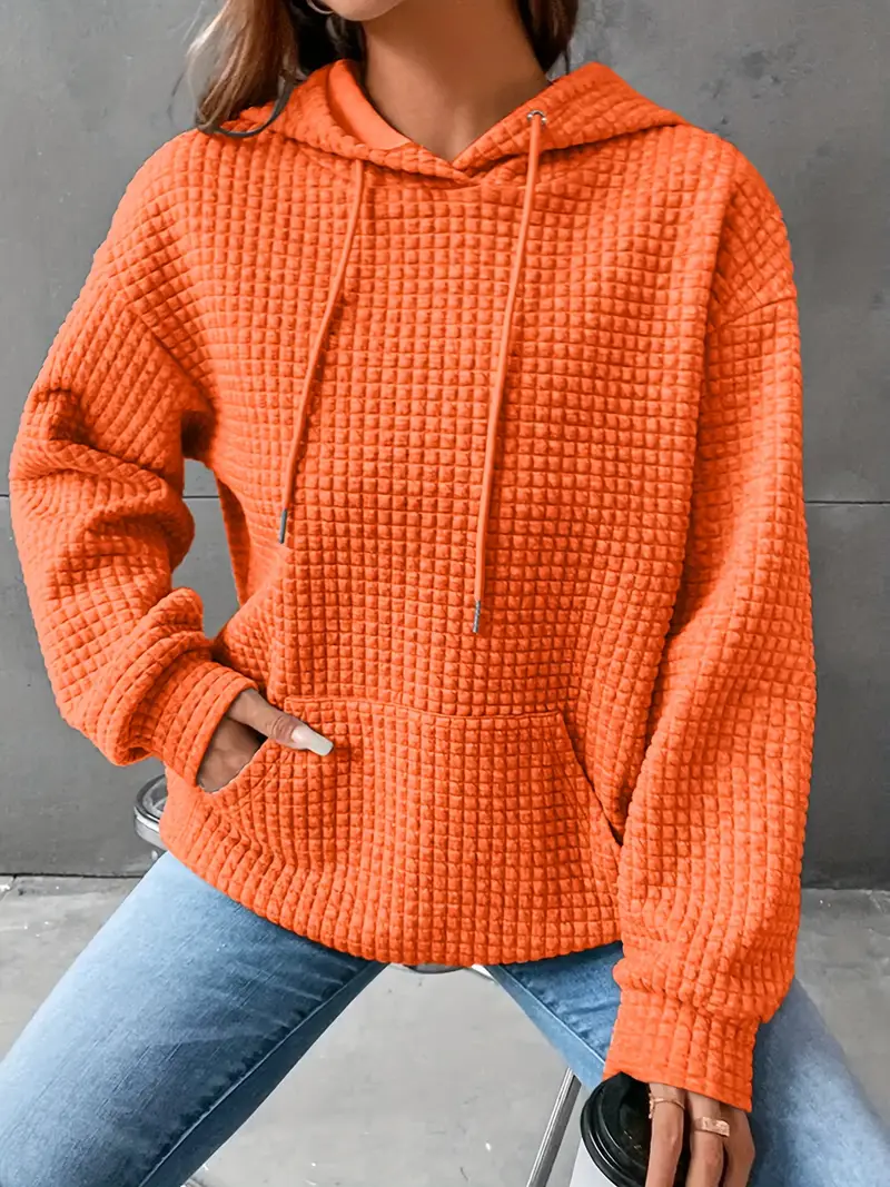 Waffle Grid Kangaroo Pocket Drawstring Hoodies Sweatshirt - Image 13
