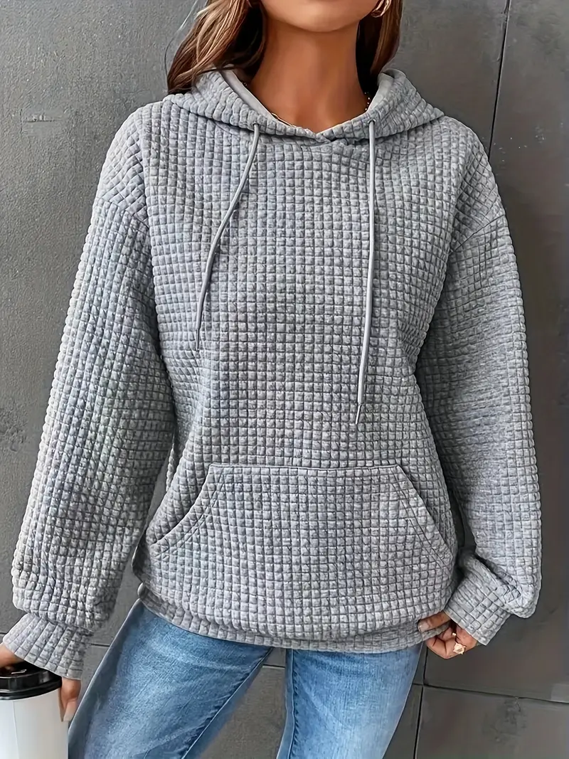 Waffle Grid Kangaroo Pocket Drawstring Hoodies Sweatshirt - Image 3