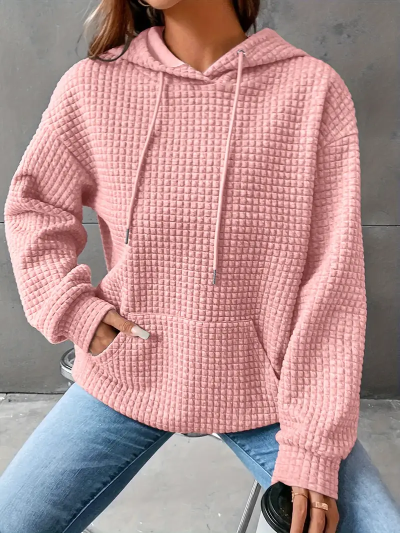 Waffle Grid Kangaroo Pocket Drawstring Hoodies Sweatshirt - Image 4