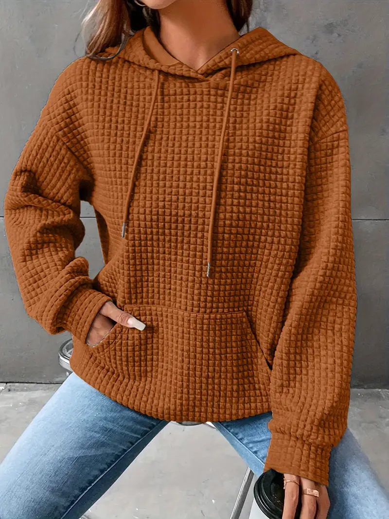 Waffle Grid Kangaroo Pocket Drawstring Hoodies Sweatshirt - Image 5