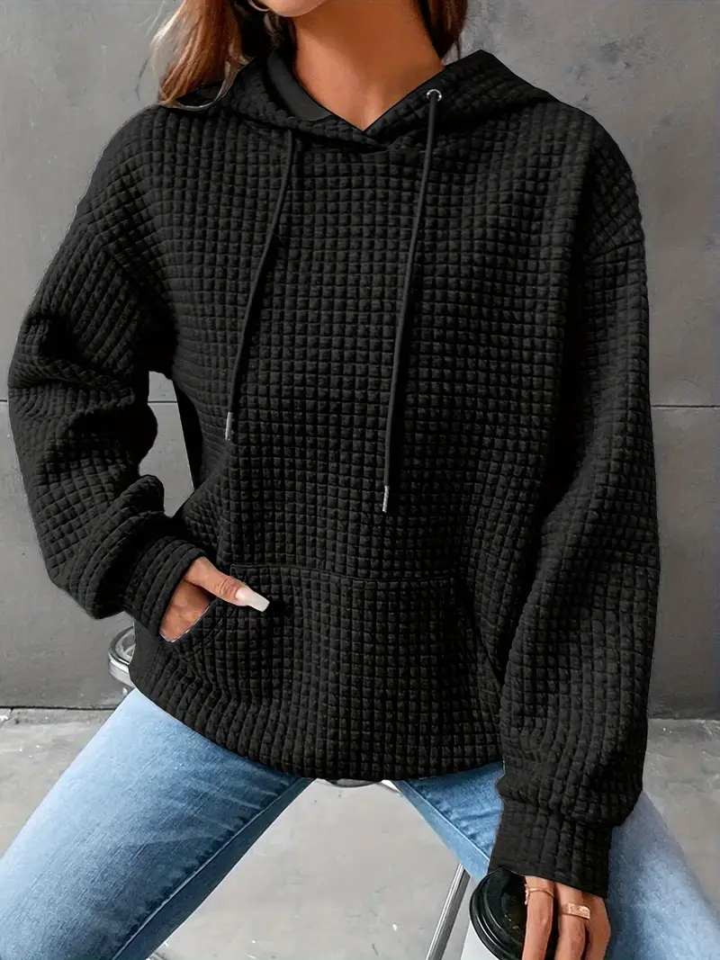 Waffle Grid Kangaroo Pocket Drawstring Hoodies Sweatshirt - Image 6