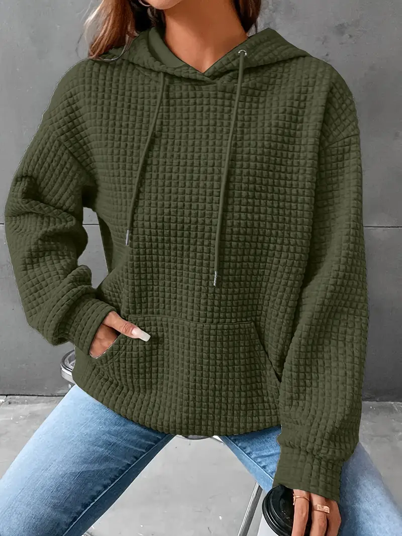 Waffle Grid Kangaroo Pocket Drawstring Hoodies Sweatshirt - Image 7