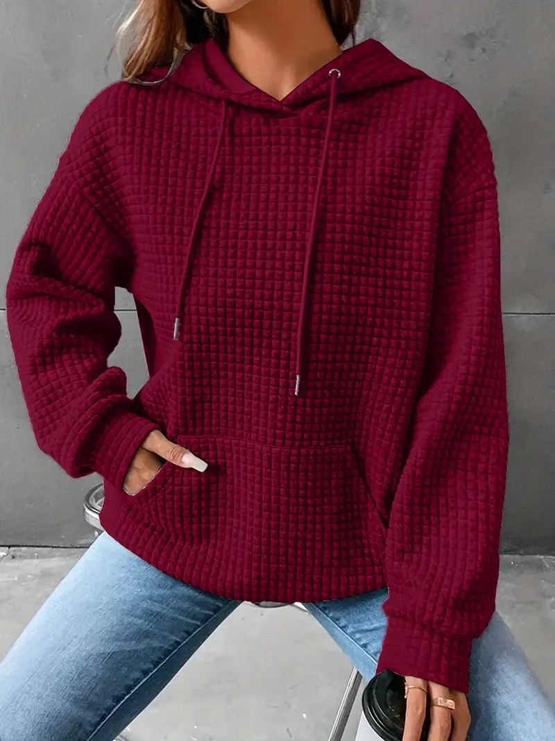 Waffle Grid Kangaroo Pocket Drawstring Hoodies Sweatshirt - Image 8