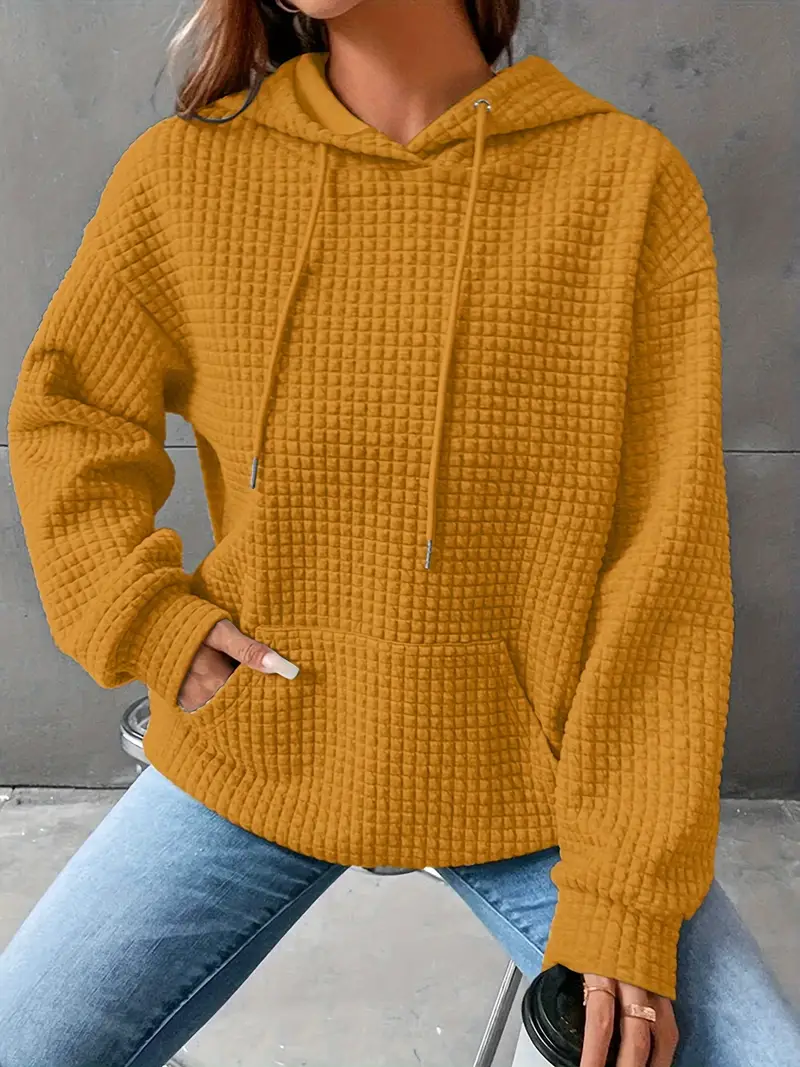 Waffle Grid Kangaroo Pocket Drawstring Hoodies Sweatshirt - Image 9